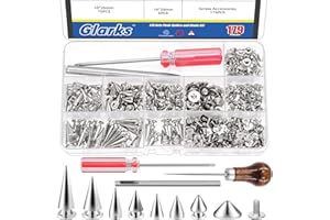 Glarks 355pcs argent punk clous et goujons Kit, 7 tailles de goujons coniques en alliage de zinc et rivets à double tête, métal cuir arbre clous goujons clous avec cône de grattage tournevis punch