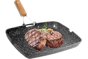 NAMAI - Bistecchiera Antiaderente Pietra, 36CM x 24CM, Alluminio Pressofuso, Adatta In Lavastoviglie, Manico Pieghevole Salvaspazio, Made In Italy