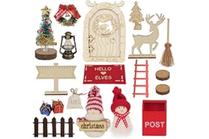 CHRERNA Wichteltür, Wichtel zubehor Weihnachten, Wichteltür Set, Holz Wichtel Tür mit Weihnachtsbaumgirlande, Miniatur Weihnachtsdeko Feentür für Kinder Wichtelhaus