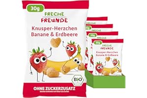 ‎FRECHE FREUNDE FRECHE FREUNDE Bio Knusper Herzchen aus gepufftem Mais, mit Bananen und Erdbeerpulver, fruchtig-süße Knabberei für Kinder, vegan, glutenfrei, 9er Pack (9 x 30g)