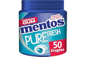 Mentos - Chewing-Gum Mentos Pure Fresh Menthol-Eucalyptus - Chewing-Gum Sans Sucres - Au Thé Vert - Dure Longtemps - Haleine Fraîche - 1 Boîte de 50 Dragées