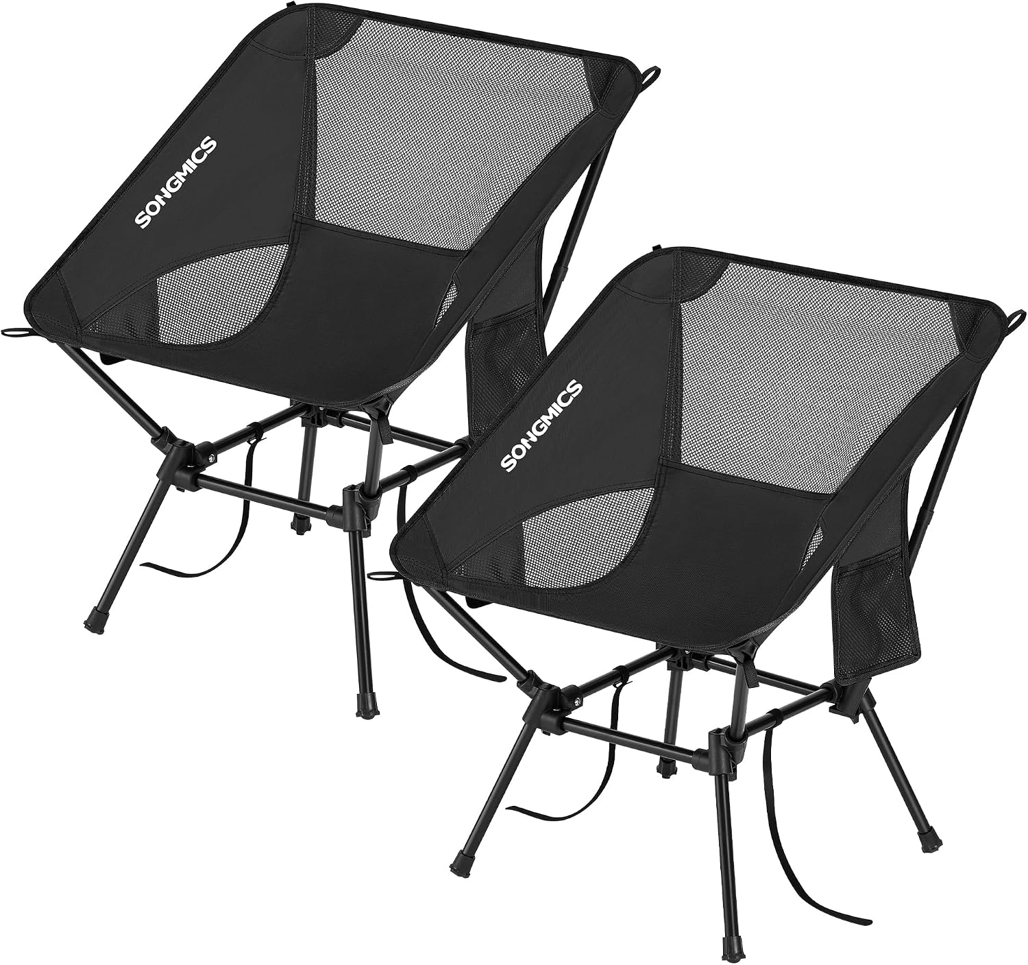 SONGMICS Silla de Camping con Respaldo Bajo, Juego de 2, Silla de Exterior Plegable de Altura Ajustable, Marco de Acero, Carga de 150 kg, con 2 Bolsillos, para Viajes, Negro GCB052BZ01