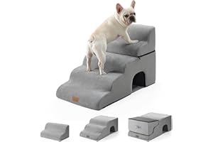 COZY KISS Hundetreppe für Kleine Hunde, Haustiertreppe für Hochbett aus Hochdichtem Schwamm, Hunde Treppe Hunderampe mit Waschbarem Bezug (Grau, 84 × 50 × 57 cm, 5)
