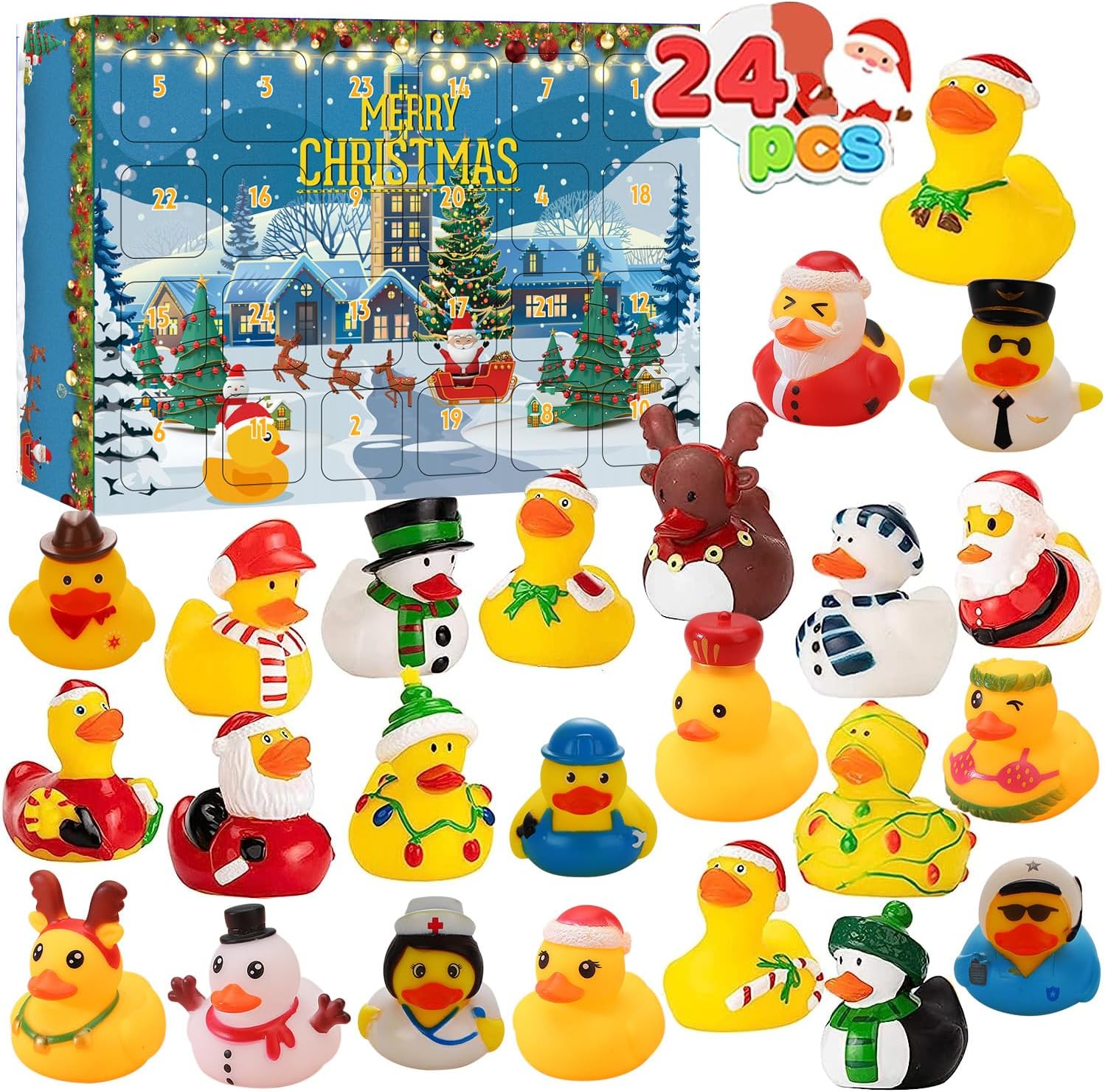 LATERN Calendario de Adviento 2025, Cuenta Regresiva Navideña de 24 Días con 24 Patitos de Goma Divertidos Juguetes de Baño Duckie para Navidad Decoración Favor de Fiesta Regalos (32 x 22cm)