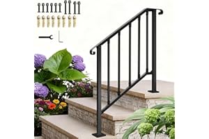 WUDLEP 3-Step Handrails for Outdoor Steps, Outdoor Stair Handrail Fits 1 to 3 Steps, Black Wrought Iron Hand Rail Stair Railing Kit for Concrete Steps or Wooden Stairs with Installation Kit