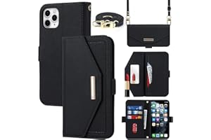 CAVOR Handykette iPhone 11 Pro Hülle Mit Band,Handyhülle iPhone 11 Pro,Flip Leder Geldbörse Hülle,[Spiegel][Mit 5 Kartenfach][Magnetverschluss],Klapphülle Schutzhülle für iPhone 11 Pro - Schwarz