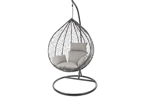 KIDEO Komplettset: großer Hängesessel mit Gestell & Kissen, Korbsessel, Poly-Rattan (Korb & Gestell: grau, Kissen: grau Nest (8010_Cloud))