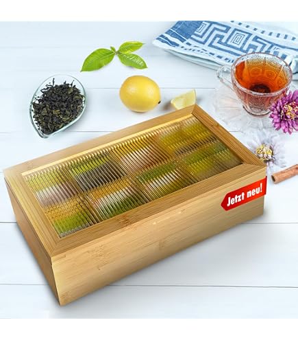 Hausleben Teebox Bambus 21167,5 Cm Mit 6 Fchern  Teebeutel Organizer  Mit Transparentem Deckel Bambus Teedose Kche