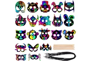 FFWHKON Mask Craft Kit for Kids, 52 Pcs Kids Magic Scratch Paper Animal Masks, DIY Rainbow Scratch Art Masks for Halloween and Animal Birthday Party