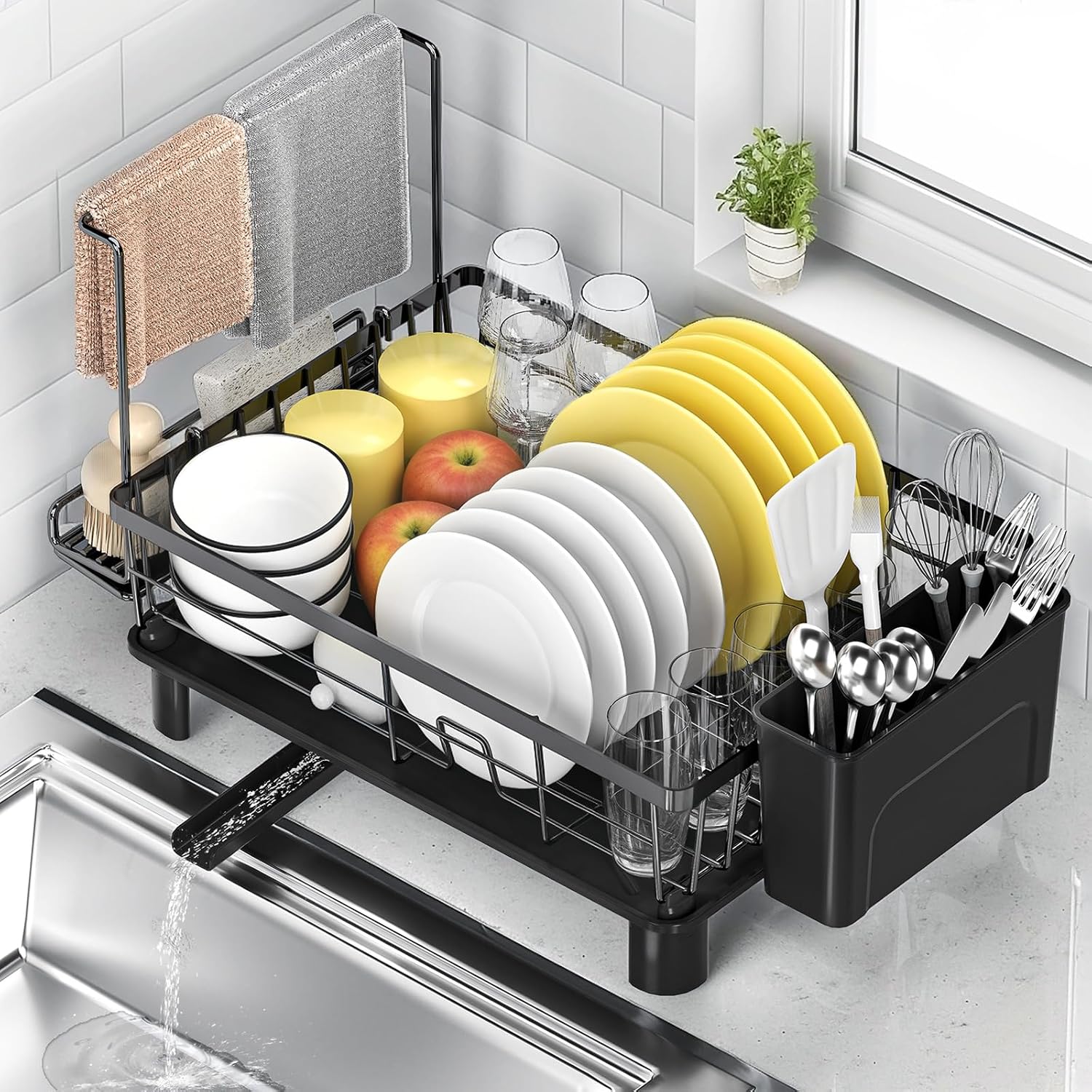 Escurridor de Platos, Estante de Escurreplatos Cocina Organizador con Escurridor, Soporte para Platos, Tazas y Bayetas Cubiertos y Toallero, Ahorra Espacio, 360° Automático Drenaje Extensible Negro