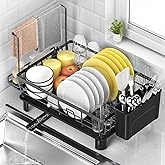 ViviDreamore Dish Drainer with Cutlery Holder and Towel Rail, 360° Rotating Spout, Stainless Carbon Steel, Space-Saving Kitch