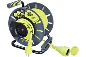 Masterplug Pro-XT Enrollacables de carrete de cable abierto de cuatro tomas con asa de bobinado, interruptor térmico e interruptor de alimentación, cable de alta visibilidad de 30+3 metros