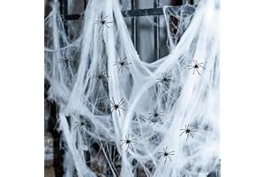 BUCOMTU Ragnatele di Halloween,Decorazioni Ragnatela di，200g Ragnatela Elastica con 50 Nero Finti Ragni,per Interni ed Esterni, Casa, Giardino, Feste e Party Horror,per Feste di Halloween