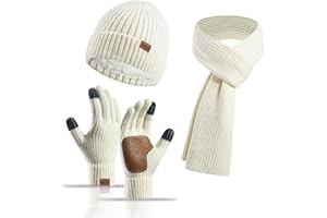 Yoolhamy Set di 3 cappello, sciarpa e guanti, invernale, termico, spesso, lavorato a maglia, sciarpa lunga, guanti touch screen, scaldacollo, berretto da sci all'aperto