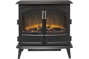 Dimplex Cassia Noir Large Optiflame Electric Stove, Black Wood Burner Style Fire with Artificial Logs, LED Flame Effect, Opening Doors, 2kW Fan Heater, 1000/2000 Watt Heat Settings and Remote Control