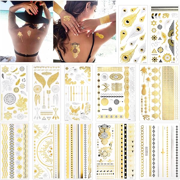 15 Stück Metallische Temporäre Tattoos – über 200 Designs Gold & Silber, Wasserdicht, Für Partys, Halloween, Geschenk