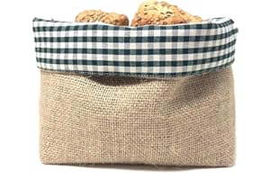 Gaidra Cesto Pane Cestino Portapane in Tessuto Iuta e Cotone a Quadretti - Sacchetto di Design Fatto con qualità Artigianale in Fibre Naturali - Quadretti Verde, 20 x 20 x 10 cm