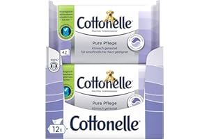 Cottonelle Feuchtes Toilettenpapier Pure Pflege, ultra-sensitive, 99% Wasser, 12 x 42 Tücher, parfümfrei & hypoallergen