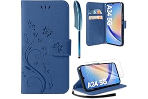 AROYI Lederhülle Kompatibel mit Samsung Galaxy A34 5G Hülle und Schutzfolie,Wallet Handyhülle Leder Tasche Kartensteckplätzen Schutzhülle Kompatibel mit Samsung Galaxy A34 5G Dunkel Blau