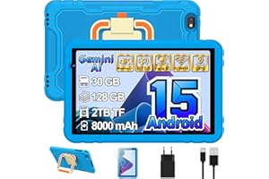 JUEDUR Android 15 Niños Tablet 10 Pulgadas Gemini AI, 30GB RAM+128GB ROM, Control Parental, 8000 mAh, 8-Core, 5MP+8MP, 5G Wifi6, Protective Antichoque Eva Estuche Protector + Soporte giratorio de 360°(Azul)