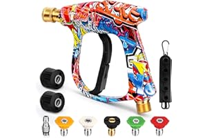 FUUTILAKE Short High Pressure Washer Gun with 5 Nozzles & 2 Hose Connectors, 4000PSI Cleaner Gun Car Wash Water Gun M22-14mm Water Inlet to 1/4" Connect, for Karcher K-series Quick Connect & Release Trigger Gun