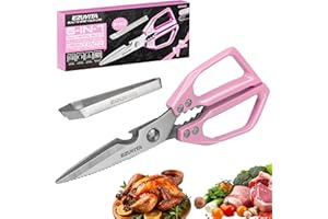 EZUVITA 5-in-1 Multifunctional Heavy-Duty Kitchen Scissors with Tweezer, All Purpose Kitchen Shears with Stainless Steel Blades, Dishwasher Safe Poultry Shears (Pink)