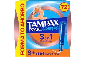 Tampax Tampones Pearl Compak Super Plus Con Aplicador Suave, Pack de 72, 3 en 1 Protección Antifugas, Comodidad Y Fácil Inserción