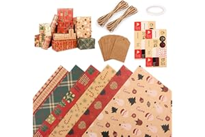 SUVEK Lot de 6 rouleaux de papier cadeau de Noël recyclé Kraft Emballage cadeau - 1 ruban double face - 10 m de corde en papier kraft - 2 pour autocollants de Noël + 6 cartes de bénédiction de Noël