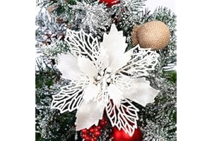 GLITZFAS 12 Stück Glitter Weihnachtsbaum Dekoration, Weihnachtsbaumschmuck Ornament aus Kunststoff, Weihnachten Blumen Dekor, Christbaumanhänger (Weiß,9 cm)