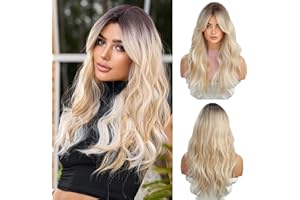 OUFEI Perruques blondes pour femmes Perruque longue bouclée avec franges Perruque ondulée avec racines foncées Cheveux synthétiques naturels pour la fête quotidienne Cosplay Wear