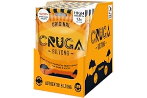 Cruga Original Beef Biltong Flavour 12 × 25g Snack Packs – High Protein Gluten Free Spicy Snack – Low Sugar – No Added MSG – Ideal for Gym, Travel, Hiking & Everyday Energy