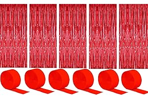 ‎BEOIUCZZY 6 Stück Folienvorhänge Fransen, Metallische Glitzervorhang Fringe, Glitzer Tinsel Curtain, Folienfransen Vorhang für Weihnachtsbaum Party Deko Geburtstagsdeko + 6 Stück Krepppapier, Rot