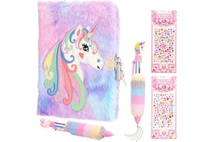 Heyu-Lotus Secret Diary with Lock for Girls Plush Unicorn Journal Notebook Set with Unicorn 6-in-1 Ballpoint Pens Crystal Flower Heart Stickers for Girls Children Thought Journal Writing(Purple)