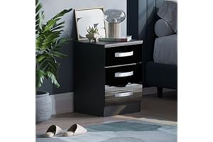 ‎MOVIAN Amazon-Marke: Movian Rechteckig Hochglanz-Nachtschränkchen mit 3 Schubladen, Schwarz, 56 x 40 x 36 cm