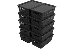CITYLIFEHOUSE Citylife Set of 10 Pack Plastic Storage Baskets With Lid, Storage Basket for Organizing,Stackable Storage Containers Bins Boxes for Kitchen Bathroom Desktop Closet Classroom Office,Black
