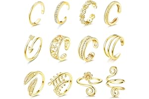 CASSIECA 12PCS Anillos Ajustables para Dedo del Pie para Mujeres Niñas Oro Plata Negro Conjunto de Anillos Abiertos para Dedo del Pie Flor Flecha Hoja Corazón CZ Anillos de Banda Meñique de Joyas