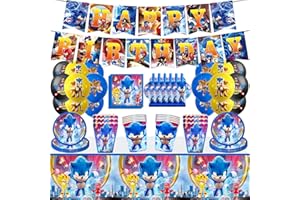 70 Pièces Sonic Décoration Anniversaire, Set Vaisselle Sonic, Comprend Des Nappes, Serviettes, Paper Cups, Ballon en Latex， Assiettes, pour Décorations de Fête d'anniversaire 10 personnes
