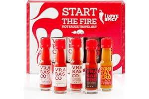 I LOVE SPICY Start the Fire Set de Viaje – 5 x 20 ml Salsas Picantes Artesanales Fermentadas – Vegan – Sin Gluten – Kit Degustación Compacto – Regalo Original para Amantes del Picante y BBQ