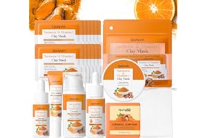 QUIYUM Curcuma Vitamine C Coffret cadeau 7 pièces soin du visage hydratant avec essence, crème pour les yeux, crème, masque d'argile, savon fait main, huile essentielle