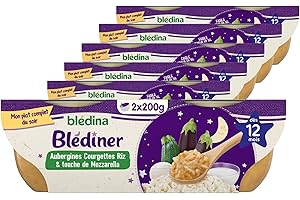 Blédina - Blediner - 12 bols - Mouliné d'Aubergines, Courgettes, Riz et Mozzarella - Pour le Diner de bébé dès 12 Mois - Pack de 6x2 bols