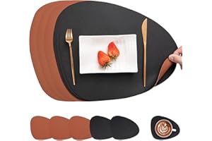 Myir JUN Set de Table en Cuir et Dessous de Verre, Set de Table Antidérapant Double Face Set de TableLavable Imperméables Set Table et Dessous de Verre Set De Table Plastique (Noir Marron, Lot de 6)