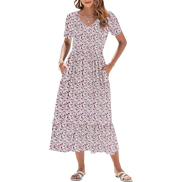 STYLEWORD Zomerjurk Dames Lange Bloemenjurk Midi Jurken A Lijn Swing Zomerjurk met Zakken, XXL