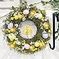 Artificial Easter Wreath Decorations with LED String Lights,Hanger - 40cm for Front Door,Wall Hanging,Spring Wreath with Eggs for Easter Holiday Home Party Wall Decor