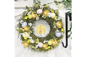 HUTATO Artificial Easter Wreath Decorations with LED String Lights,Hanger - 40cm for Front Door,Wall Hanging,Spring Wreath with Eggs for Easter Holiday Home Party Wall Decor