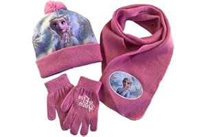 3 Stück Frozen Mütze Schal Handschuhe, Wopin Herbst Winter Mädchen warme gestrickte Mütze mit Wolle Futter Schal Handschuhe, Winter Geschenk für Kinder