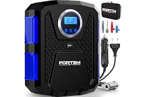 FORTEM Kompresor Samochodowy, Przenośna Pompka Elektryczna, Kompresor Rowerowy, Cyfrowy Manometr z Automatycznym Pompowaniem/Wyłączaniem