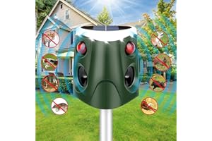 HAPPY WATCH Solar Cat Repellent, [2024] 360° Ultrasonic Animal Repeller Outdoor IP55 Waterproof 4 Modes Adjustable Fox Deterrent with 3-Side Motion Flashing Lights, Solar Powered Cat Scarer for Dog Rabbit Deer