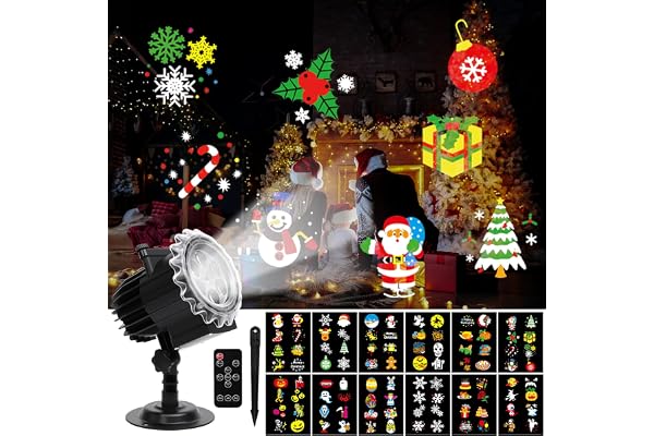 ROVLAK Projecteur Noël Exterieur Intérieur, Projecteur Lumière Noel de Étanche avec 12 HD Diapositives et Télécommande, Lampe Projecteur Flocon Neige Décoration pour Halloween Noel Anniversaire