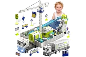 Charmofun Construcción Camión Niños, Vehículos Transportador Juguete con Pista de Coches, Grúa, Eyección Pista y 12 Mini Camións, Camión de Aleación Grande Regalo para Niños 3+ Años