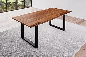 BETT11 SAM B-Ware Baumkantentisch 200x100cm Bria, Sheesham-Holz teakfarben gebeizt, Esstisch mit echter Baumkante, massiver Esszimmertisch mit U-Gestell Mattschwarz, Tischplatte 26mm